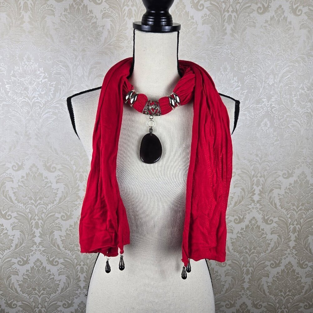 Red Infiniti Style Versatile Scarf Silver & Black Toned Jewelry Embellishments